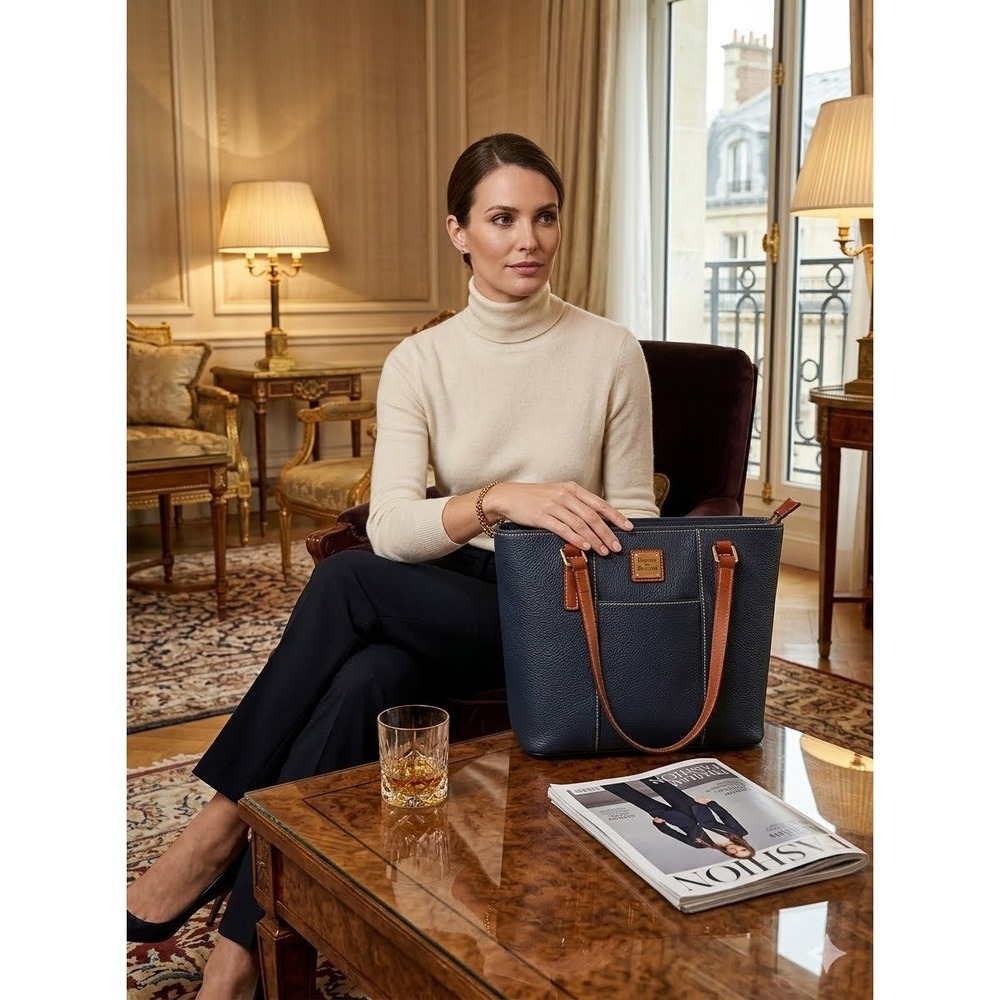 Dooney & Bourke Black Pebbled Leather Tote Bag Brown Trim Shoulder Bag